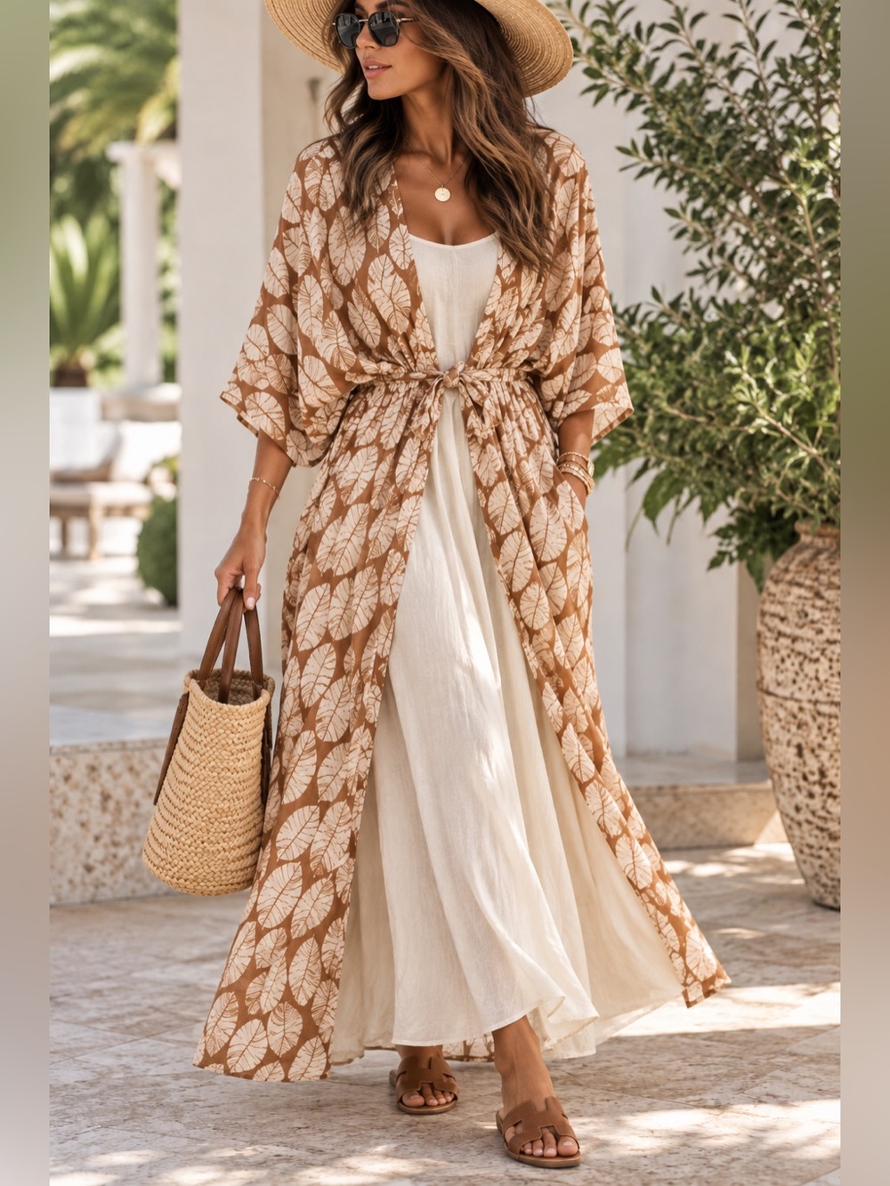 AIMAGE Small Brown Cream Leaf Print Tie Front Maxi Duster Kimono